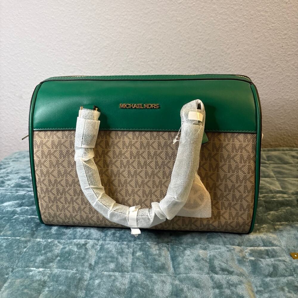 Michael Kors Jet Set Duffle Satchel Palmetto Green Leather Medium Travel NWT